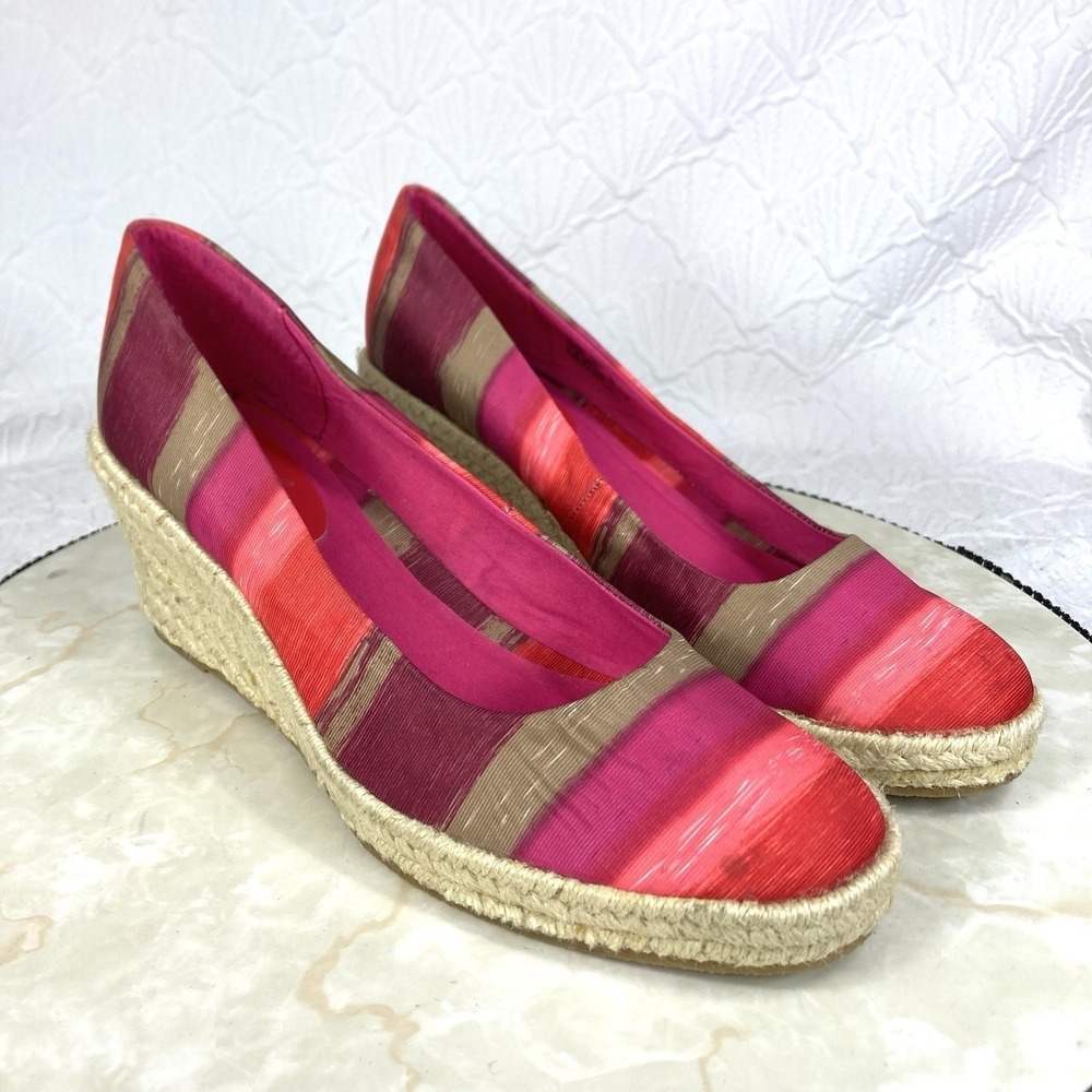 Soft Style Striped Espadrille Wedge Pumps Women 8.5 Pink Red Coastal Comfort New